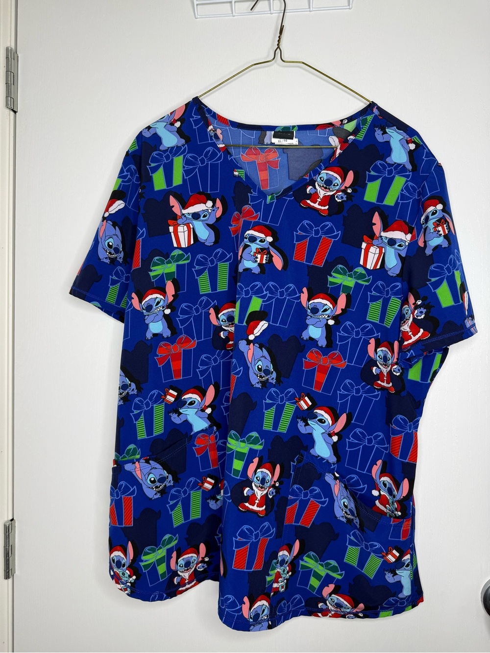 ❤️2 for $25❤️ Disney Blue Stitch Holiday Print V-neck Scrubs Top